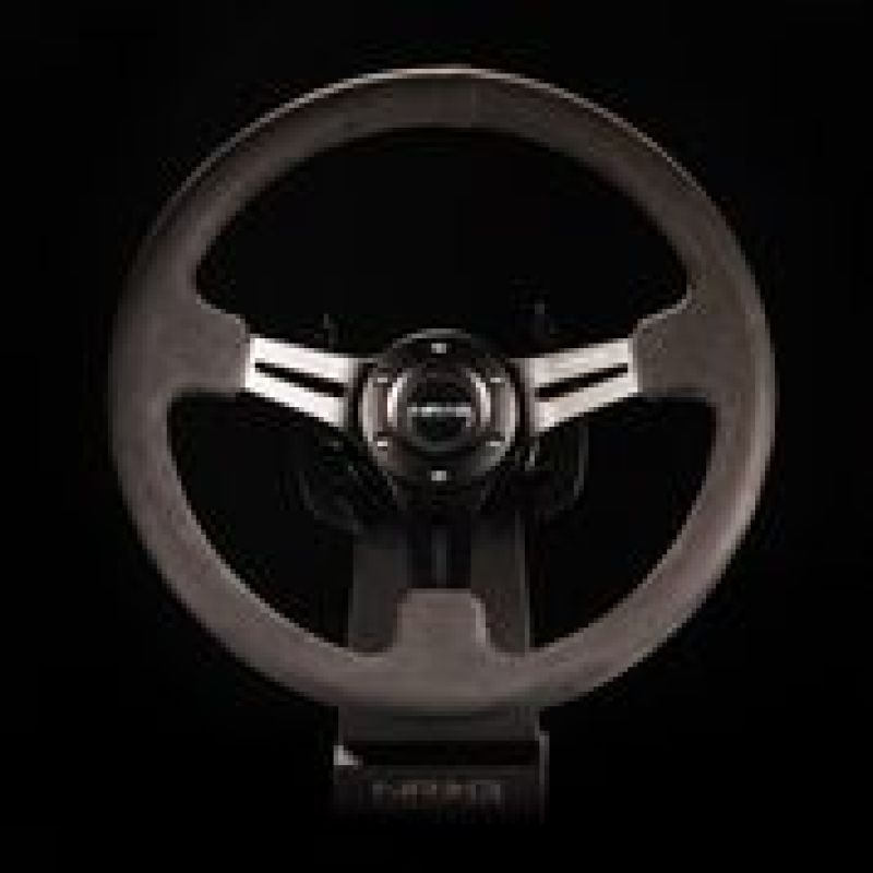 NRG Reinforced Steering Wheel (350mm / 3in. Deep) Blk Leather w/Circle Cut Spokes & Single Yellow CM