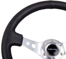 NRG Reinforced Steering Wheel (350mm/3in. Deep) White Leather w/Blk Spoke/Round Holes/White Stripes