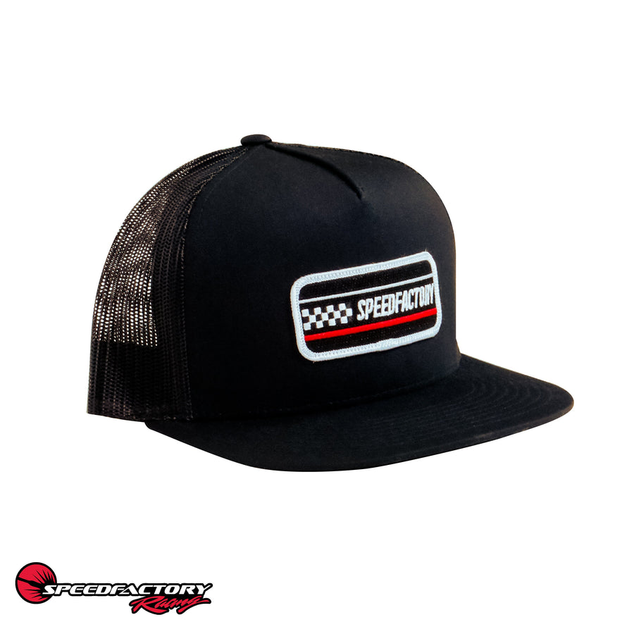 SpeedFactory Racing Finish Line Patch Snap Back Trucker Hat - Black